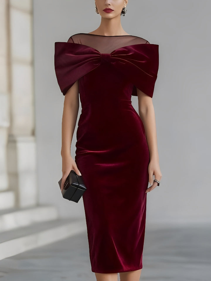 DRAMATISCHE BURGUNDY VELVET BOW MIDI JURK