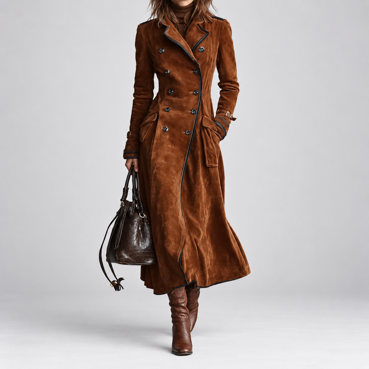 Georgette | Lange trenchcoat met suède-effect en riem