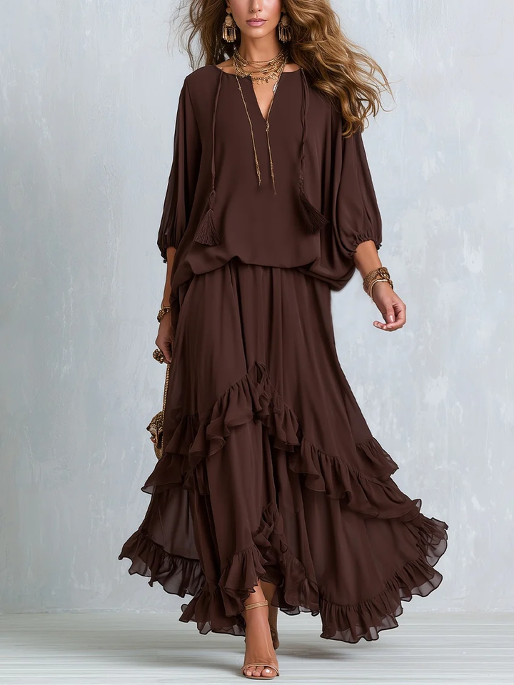 Ondine | Set met bruine chiffontop met franjes en rok met volants