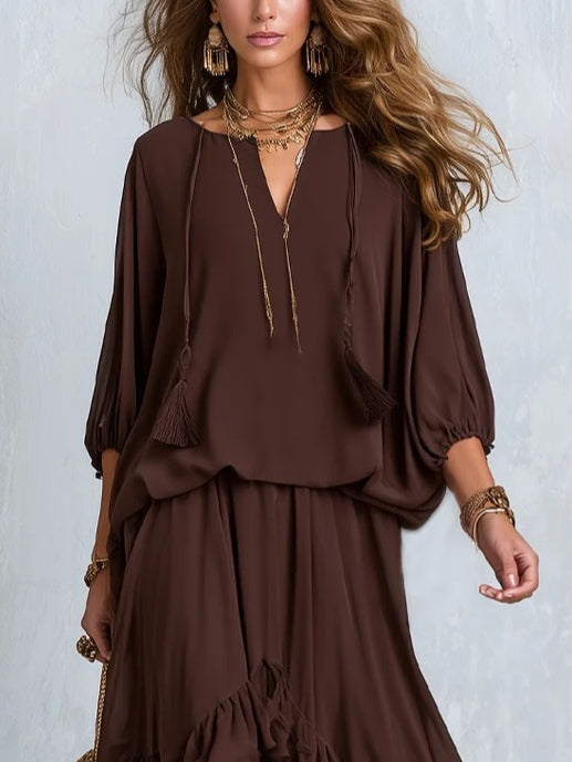 Ondine | Set met bruine chiffontop met franjes en rok met volants