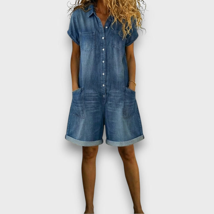 Sofía - Korte vintage katoen jumpsuit met denimlook
