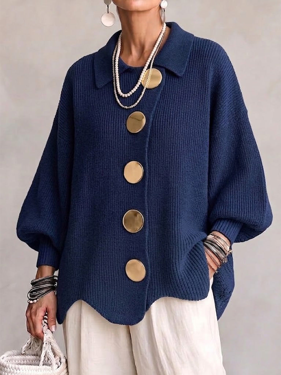 Isadora | Oversized Cardigan met Kraag en Grote Metalen Knopen