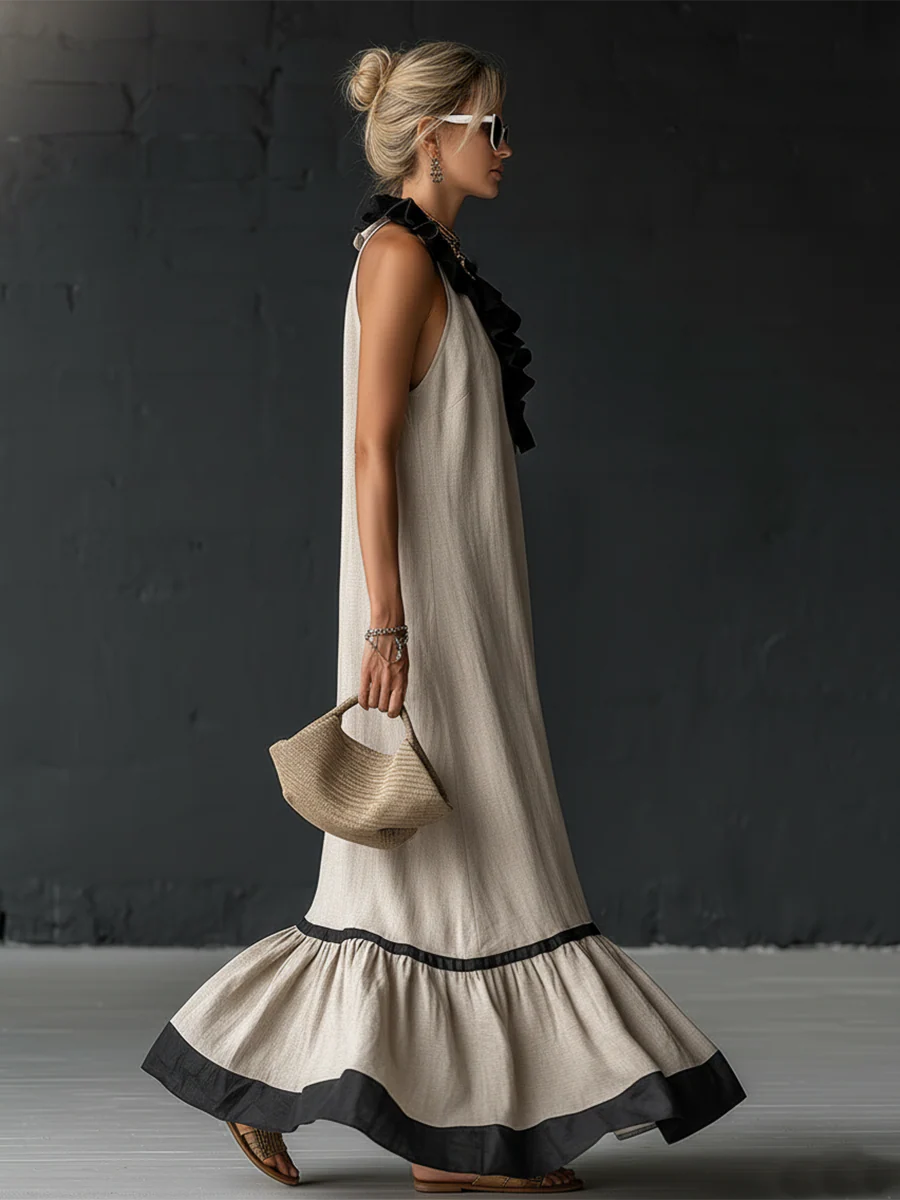 Elegante en romantische maxi-jurk met volant en kleurblokken