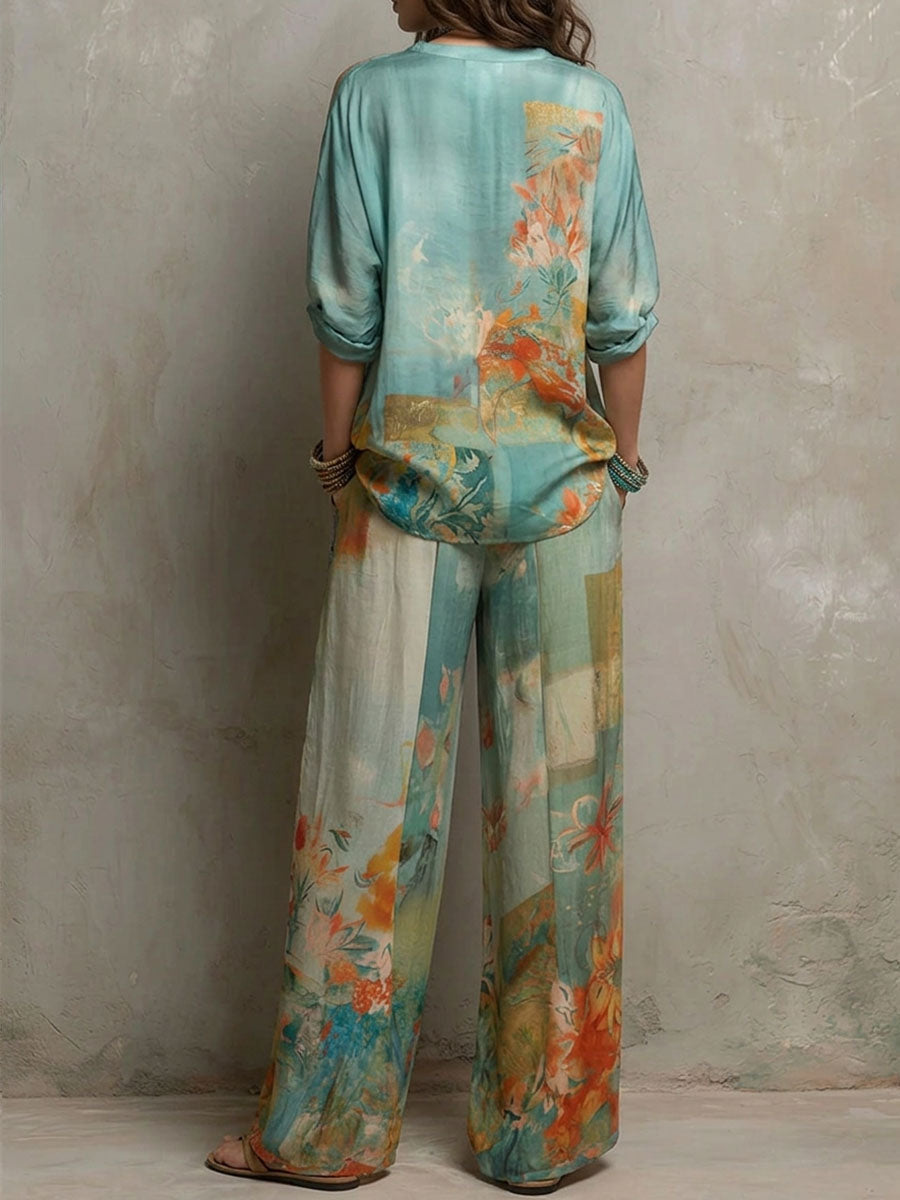 Chiara | Elegante set met bloemenprint en brede broek