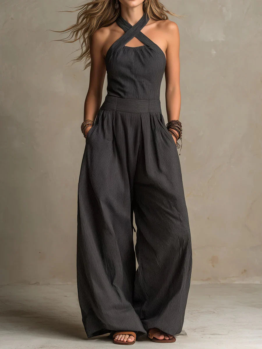 Bianca - Leren en katoenen jumpsuit met elegante V-hals