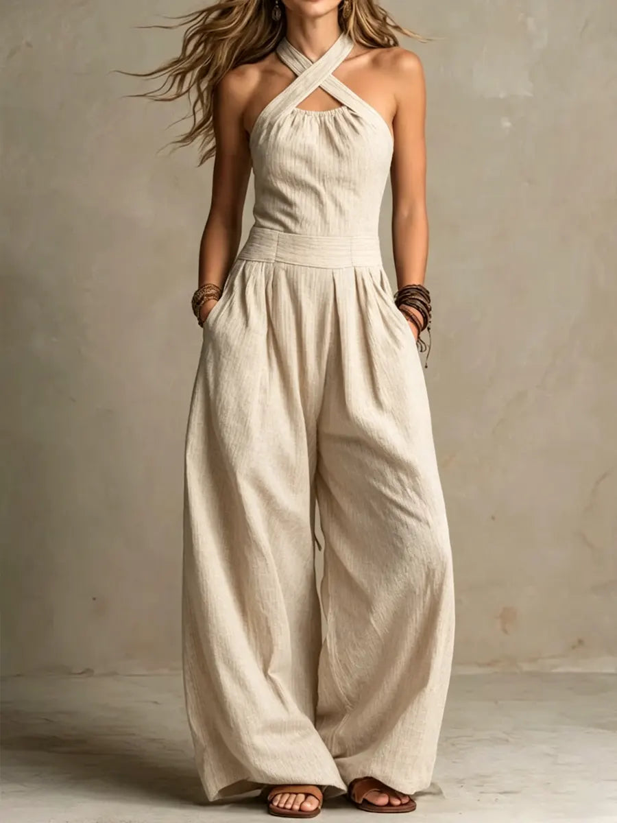 Bianca - Leren en katoenen jumpsuit met elegante V-hals