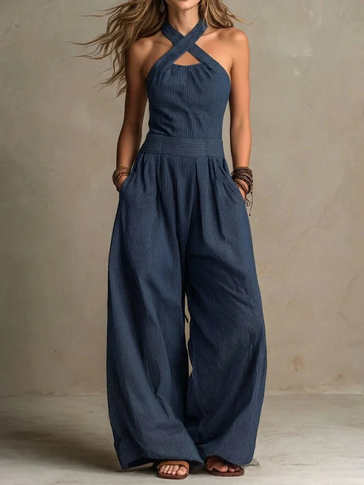 Bianca - Leren en katoenen jumpsuit met elegante V-hals