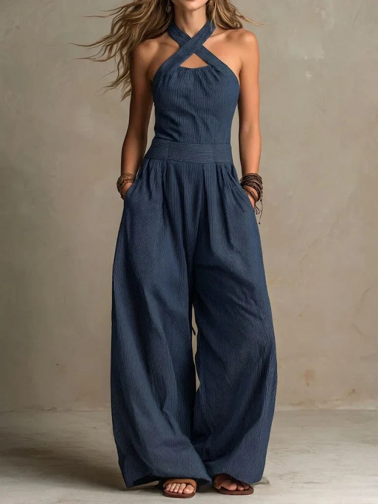 Bianca | Linnen en katoen jumpsuit met elegante kruissluiting