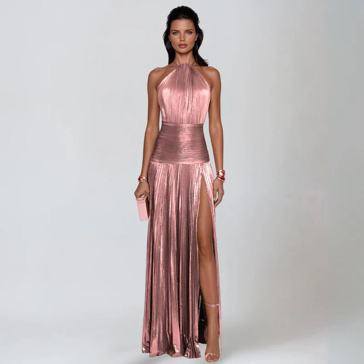 Emma | Halter Jurk met Open Rug in Metaalkleur