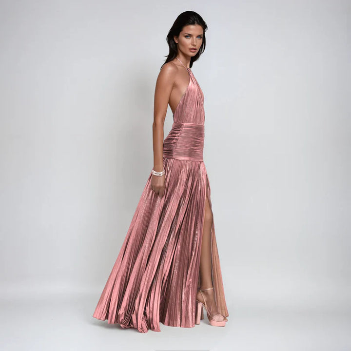 Emma | Halter Jurk met Open Rug in Metaalkleur