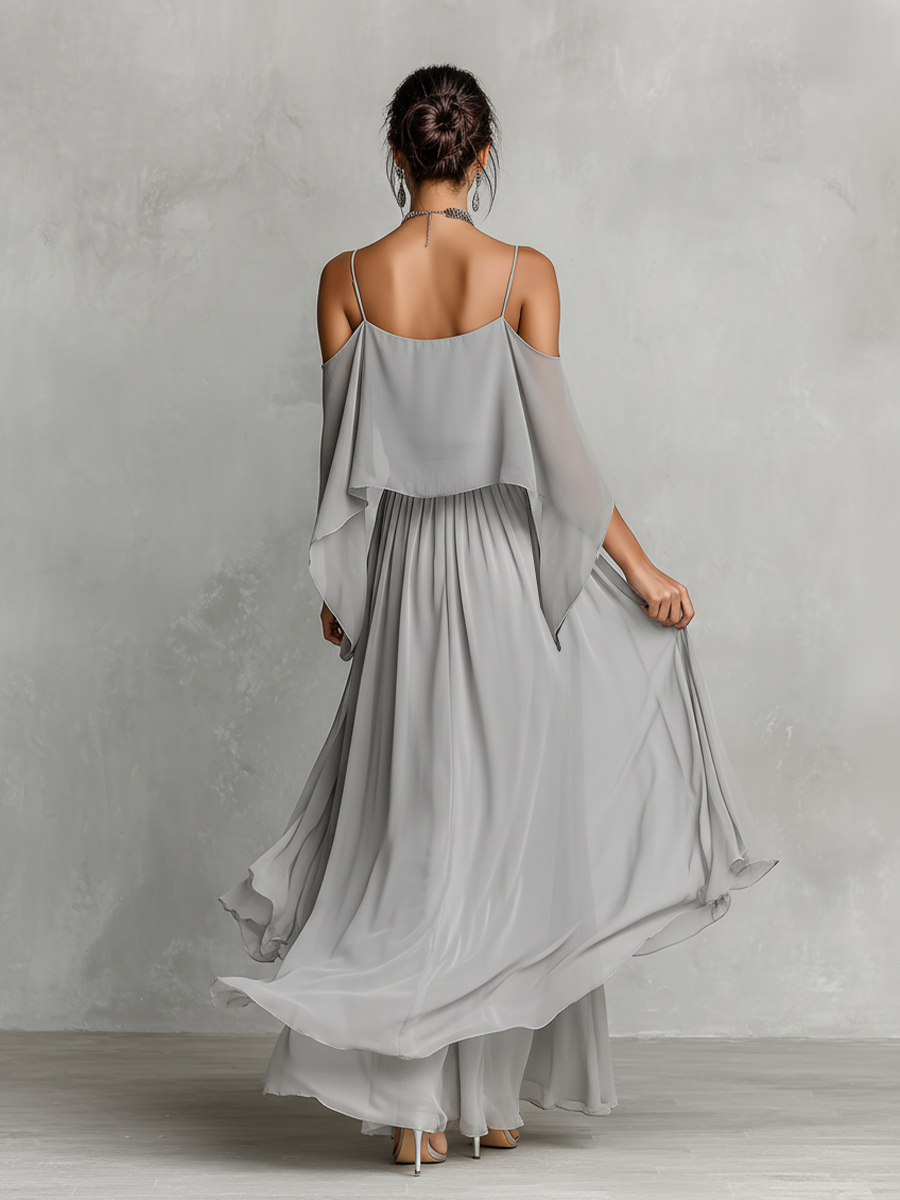 Grijze Ademend Chiffon Set voor Vrouwen met Off-Shoulder Detail & Uitlopende Silhouet, Luxe-Vrouwelijke Hedendaagse Stijl